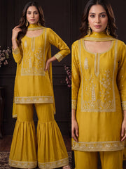 Mustard Satin Silk Embroidered Gharara Style Dress