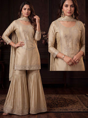 Beige Satin Silk Embroidered Gharara Style Dress