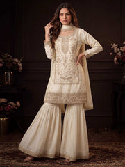 Off White Satin Silk Embroidered Gharara Style Dress