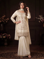 Off White Satin Silk Embroidered Gharara Style Dress