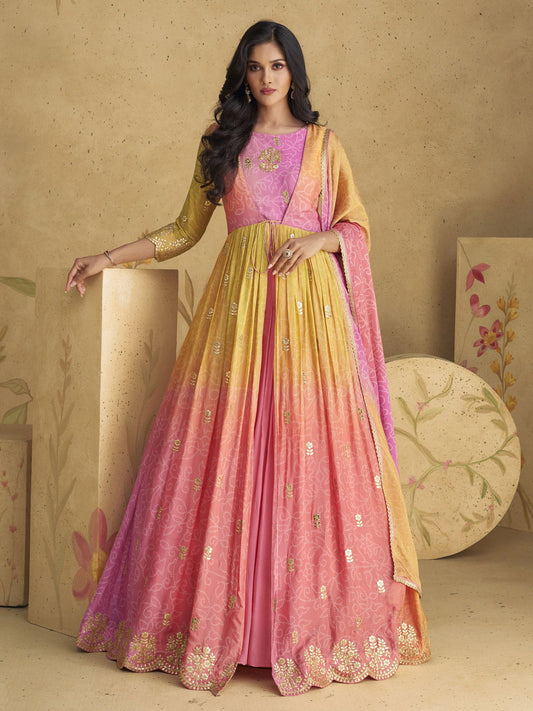 Pink And Yellow Embroidered Jacket Style Anarkali Dress