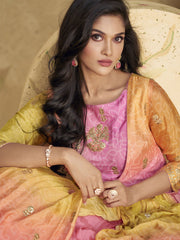 Pink And Yellow Embroidered Jacket Style Anarkali Dress