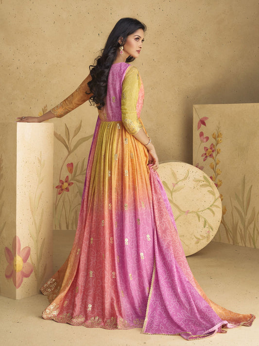 Pink And Yellow Embroidered Jacket Style Anarkali Dress