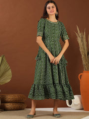 Green Bandhini Printed Cotton Tie Up Lace Fit & Flare Midi Ethnic Dress