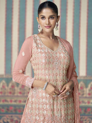 Chinnon Salmon Peach Embroidered Straight Cut Palazzo Suit