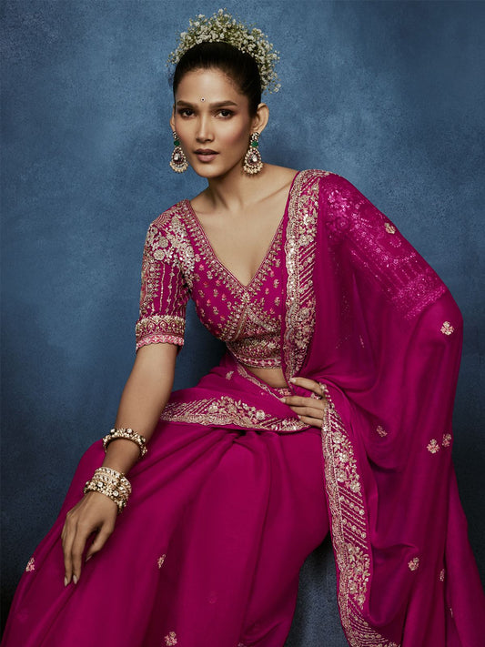 Gulnaar Tissue Silk Saree Fuchsia Pink With Stitched Blouse