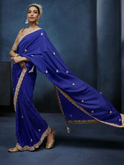 Mayurang Crepe Silk Saree Royal Blue With Stitched Blouse