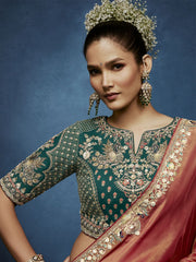 Kesariya Gadwal Tissue Saree Orange Rose With Stitched Blouse