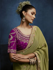 Haritangi Gadwal Tissue Saree Olive Green With Stitched Blouse