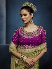 Haritangi Gadwal Tissue Saree Olive Green With Stitched Blouse