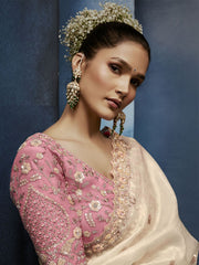 Ivory Cream Handwork Embroidery Tissue Silk Saree