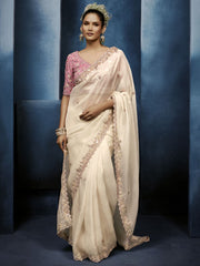 Ivory Cream Handwork Embroidery Tissue Silk Saree