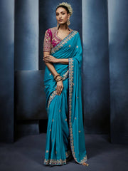 Turquoise Blue Handwork Embroidery Tissue Silk Saree