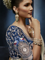 Pearl Grey Handwork Embroidery Tissue Silk Saree