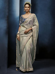 Pearl Grey Handwork Embroidery Tissue Silk Saree