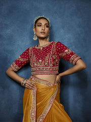 Mustard Yellow Handwork Embroidery Tissue Silk Saree