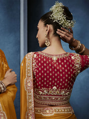 Mustard Yellow Handwork Embroidery Tissue Silk Saree