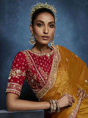 Mustard Yellow Handwork Embroidery Tissue Silk Saree