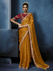 Mustard Yellow Handwork Embroidery Tissue Silk Saree