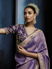 Lavender Handwork Embroidery Tissue Silk Saree