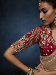 Beige Gold Handwork Embroidery Tissue Silk Saree