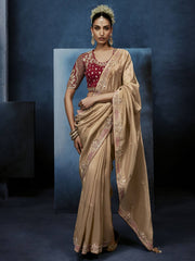 Beige Gold Handwork Embroidery Tissue Silk Saree