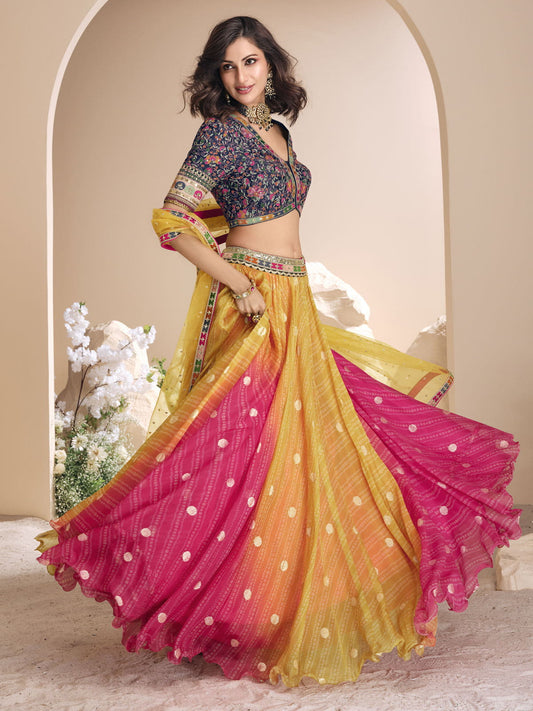 Blue And Yellow Embroidered Lehenga-Choli