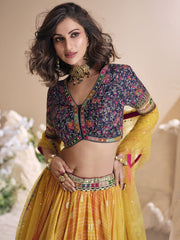 Blue And Yellow Embroidered Lehenga-Choli