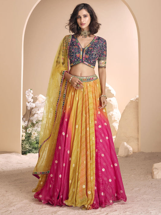 Blue And Yellow Embroidered Lehenga-Choli