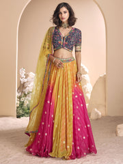 Blue And Yellow Embroidered Lehenga-Choli