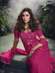 Fuchsia Pink Real Chinon Silk Sharara Set
