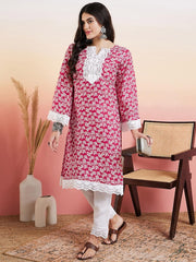 Pink & White Floral Printed Thread Work Straight Kurta