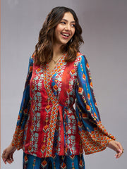 Blue And Red Digital Printed Silk Co-Ord Set