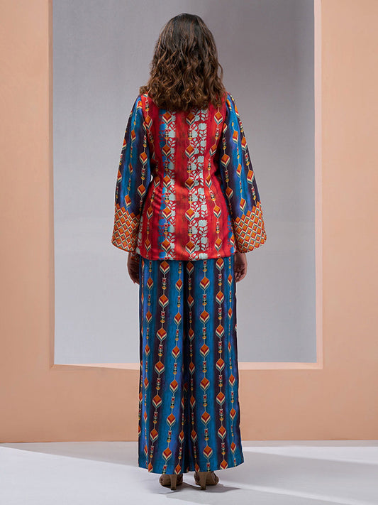Blue And Red Digital Printed Silk Co-Ord Set