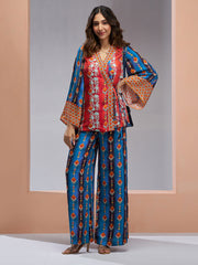 Blue And Red Digital Printed Silk Co-Ord Set