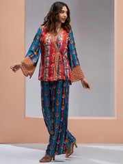 Blue And Red Digital Printed Silk Co-Ord Set
