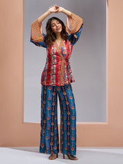 Blue And Red Digital Printed Silk Co-Ord Set