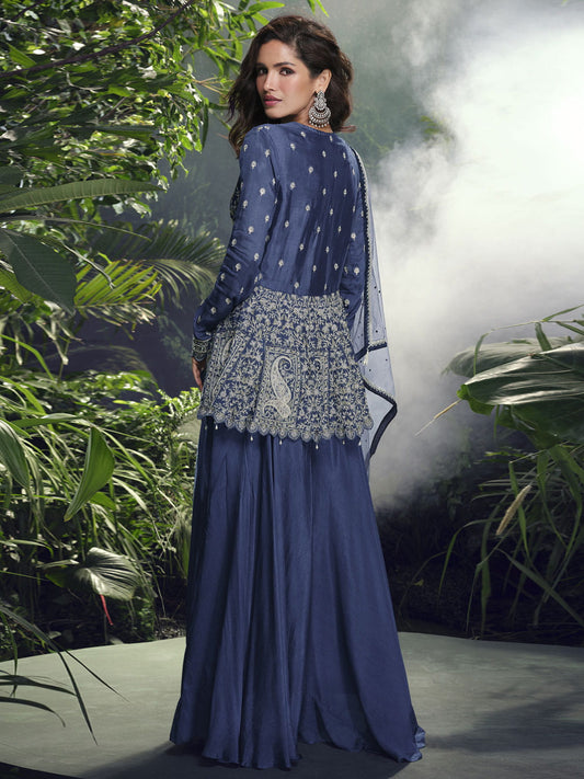 Navy Blue Real Georgette Hand Embroidered Sharara Set