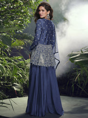 Navy Blue Real Georgette Hand Embroidered Sharara Set
