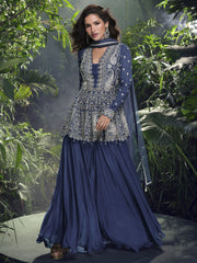 Navy Blue Real Georgette Hand Embroidered Sharara Set