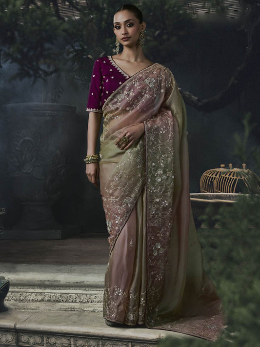 Nyra Tissue Silk Saree Pink Green Multi-Tonal