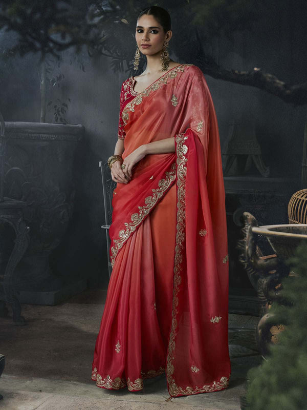 Riya Tissue Silk Saree Orange Pink Ombre