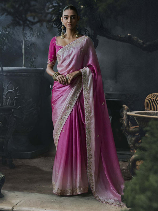 Soft Girl Tissue Silk Saree Ivory Pink Ombre