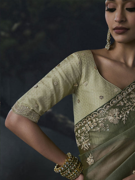 Rivaa Tissue Silk Saree Olive Green