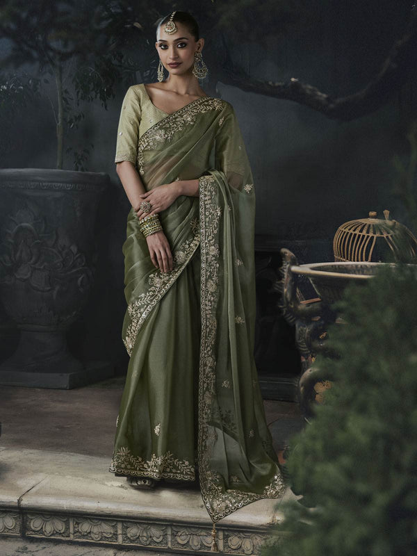 Rivaa Tissue Silk Saree Olive Green
