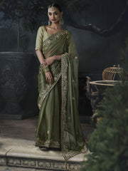 Rivaa Tissue Silk Saree Olive Green