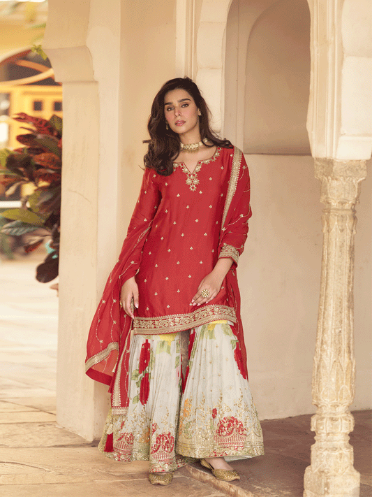 Red Chinon Silk Embroidered Palazzo Suit Festive Wear