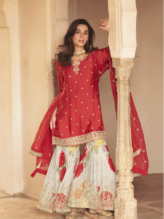 Red Chinon Silk Embroidered Palazzo Suit Festive Wear