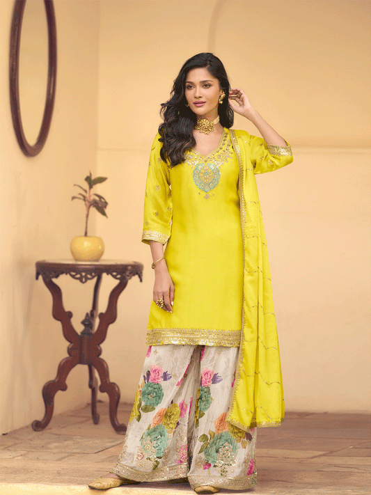 Yellow Chinon Silk Embroidered Palazzo Suit Festive Wear