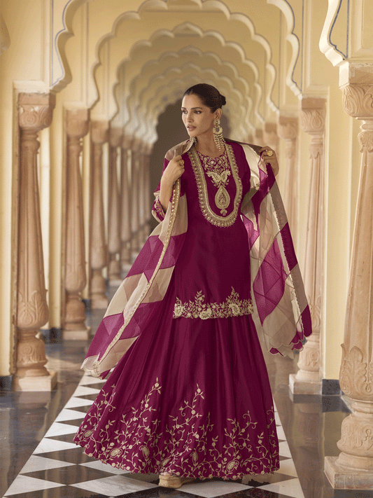 Wine Premium Chinnon Silk Festive Wear Sharara Suit